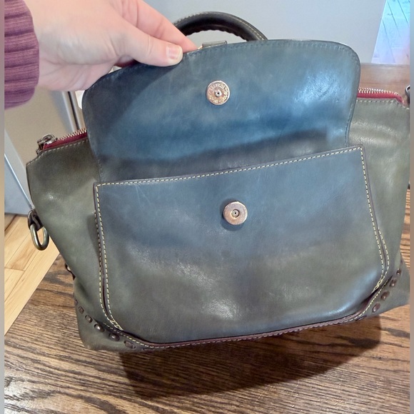 Dooney & Bourke Olive Leather Satchel with Burgundy Trim and Brass Hardware - Picture 7 of 13